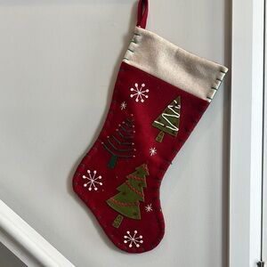 Vintage Festive Red Felt Embroidered Stocking with Green Tree Design